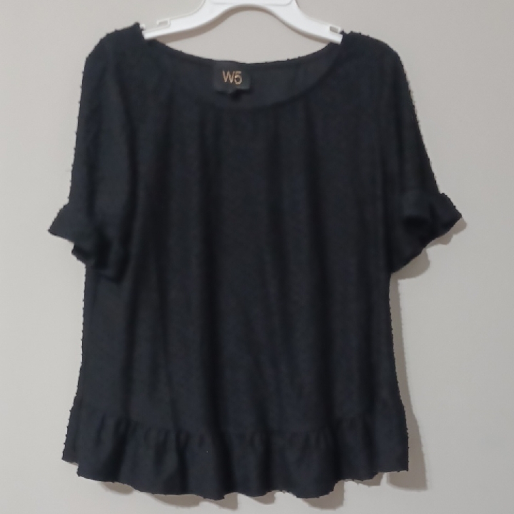 Anthropologie W5 Black Blouse With Ruffles in Sleeves and Hem. NWOT Size M